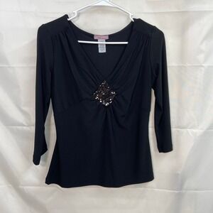 Vintage Vol. 1 petite women's‎ black sequin diamond v-neck stretch blouse large